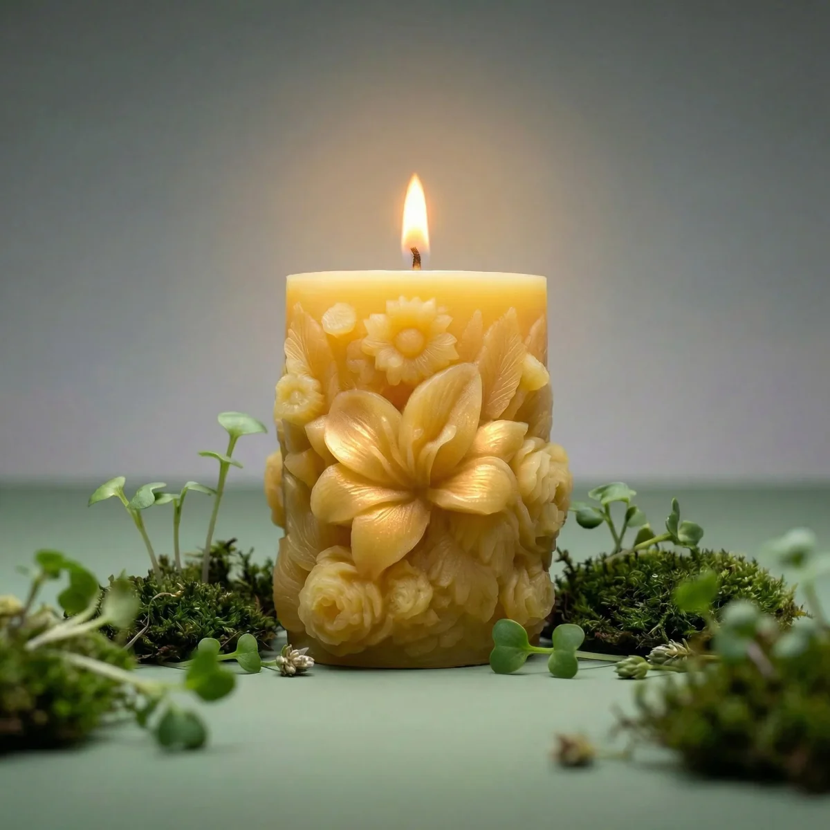 Sculpted Floral Beeswax Pillar Candle – Scented with Essential Oils - Image 7